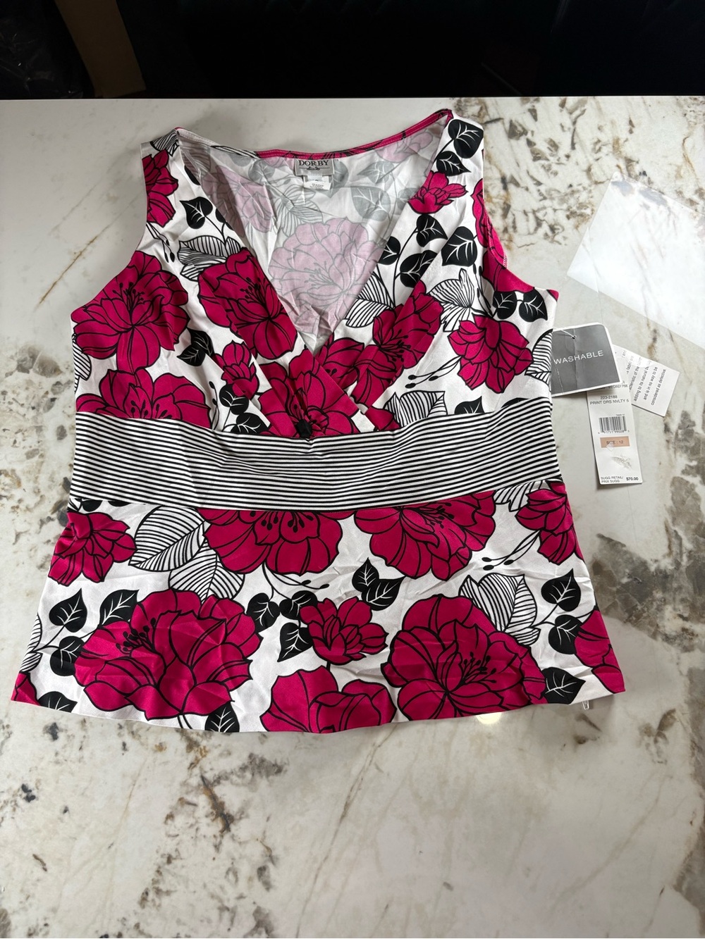 Women’s Floral V-Neck Tank Top in Bright Pink and Black - Sleeveless